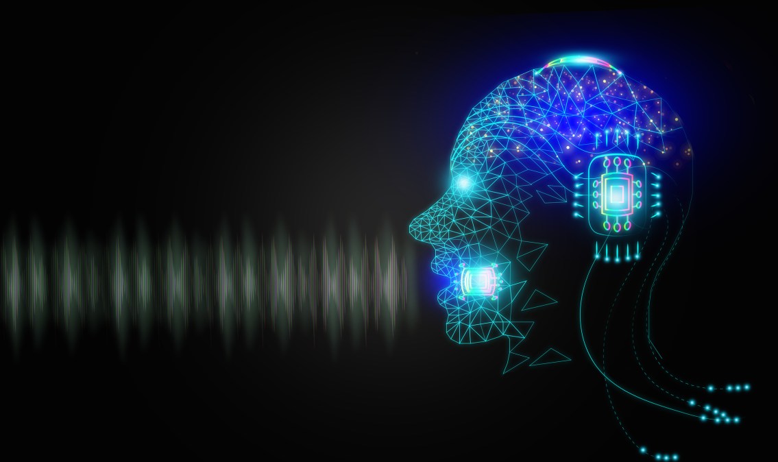 AI speaks and imitates the human voice, text-to-speech or TTS, speech synthesis applications, generative Artificial Intelligence, and futuristic technology in language and communication.