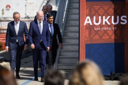 SAN DIEGO, CALIFORNIA - MARCH 13: Australian Prime Minister Anthony Albanese (L), US President Joe Biden (C) and British Prime Minister Rishi Sunak (R) arrive for a press conference after a trilateral meeting during the AUKUS summit on March 13, 2023 in San Diego, California. President Biden hosts British Prime Minister Rishi Sunak and Australian Prime Minister Anthony Albanese in San Diego for an AUKUS meeting to discuss the procurement of nuclear-powered submarines under a pact between the three nations. (Photo by Leon Neal/Getty Images)