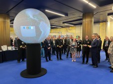 Admiral Piret presents the data shown on NOAA’s Science on a Sphere to His Serene Highness Prince Albert II of Monaco during the International Hydrographic Organization Assembly 2023 in Monaco. (Credit: LCDR Bobby Dixon, Naval Oceanography Public Affairs Officer)