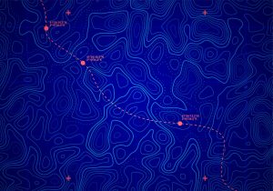 Vector Sea Depth Topographic Map With Route And Coordinates Conceptual User Interface Blue Abstract Background.