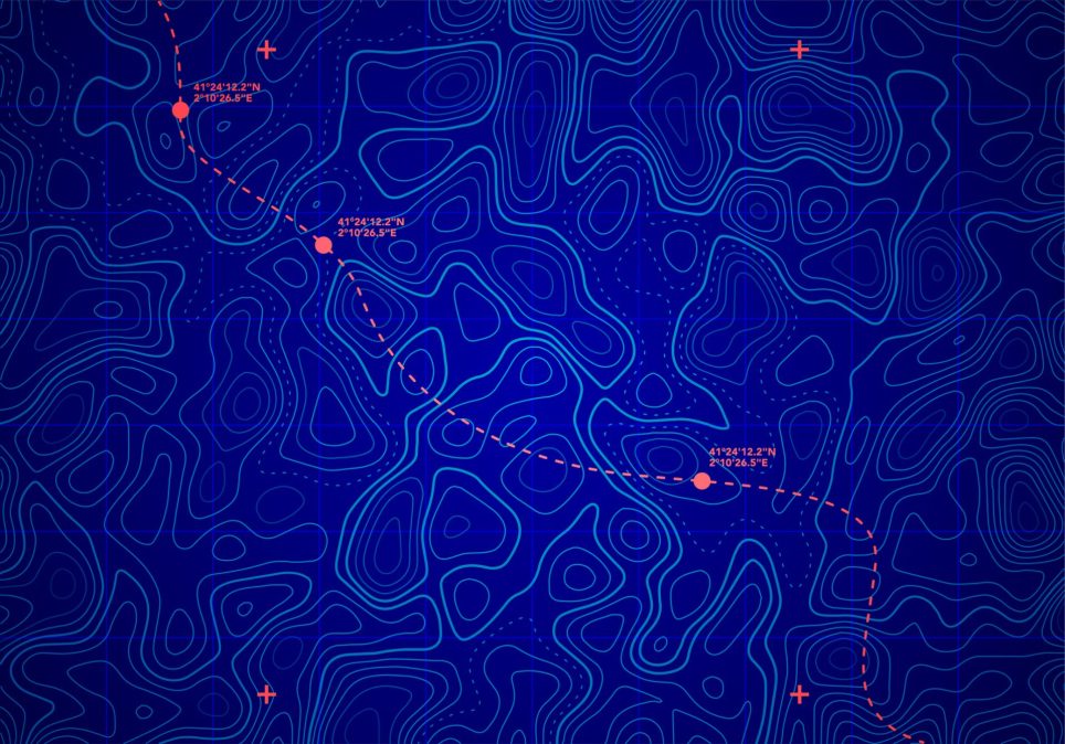 Vector Sea Depth Topographic Map With Route And Coordinates Conceptual User Interface Blue Abstract Background.